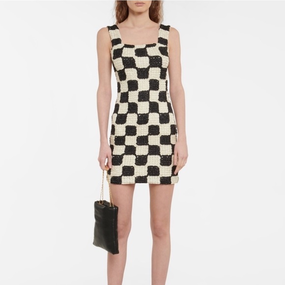 Nanushka Najya Black Cream Checked Square Neck Recycled Ribbons Mini Dress M - Picture 2 of 6
